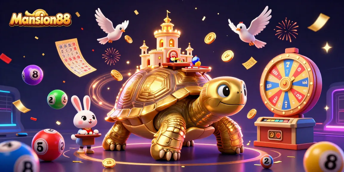 Mansion88 brings excitement with a vibrant casino scene featuring a tortoise palace and celebrating characters.