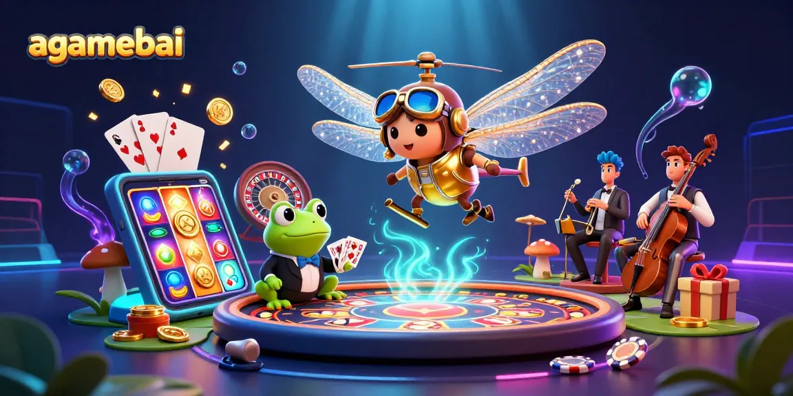 Join the fun at agamebai with a vibrant scene of a dragonfly pilot, frog dealer, and jazz musicians!