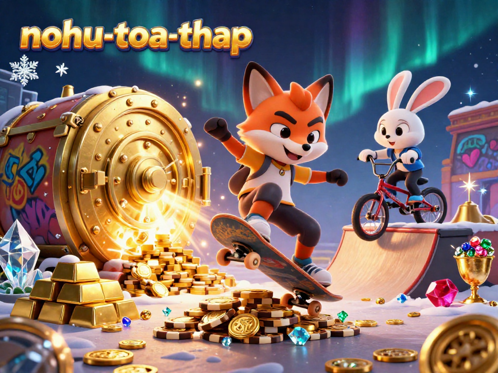Nohutoa-thap game features lively 3D animated characters amidst gold treasure, showcasing thrilling casino adventures.