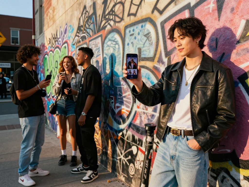 Catching the celebrity look alike vibe with a stylish person in urban fashion taking selfies against a colorful backdrop.