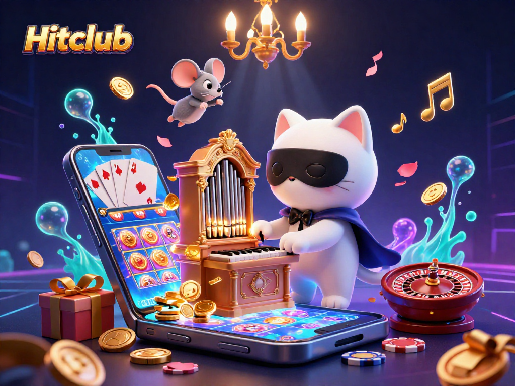 Experience Hitclub with a thrilling casino scene featuring dynamic slot games, card play, and vibrant elements.
