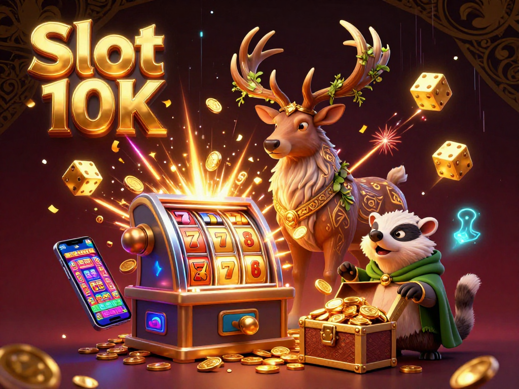 Win big with Slot 10K at the exciting 3D slot machine filled with gold and vibrant casino elements.
