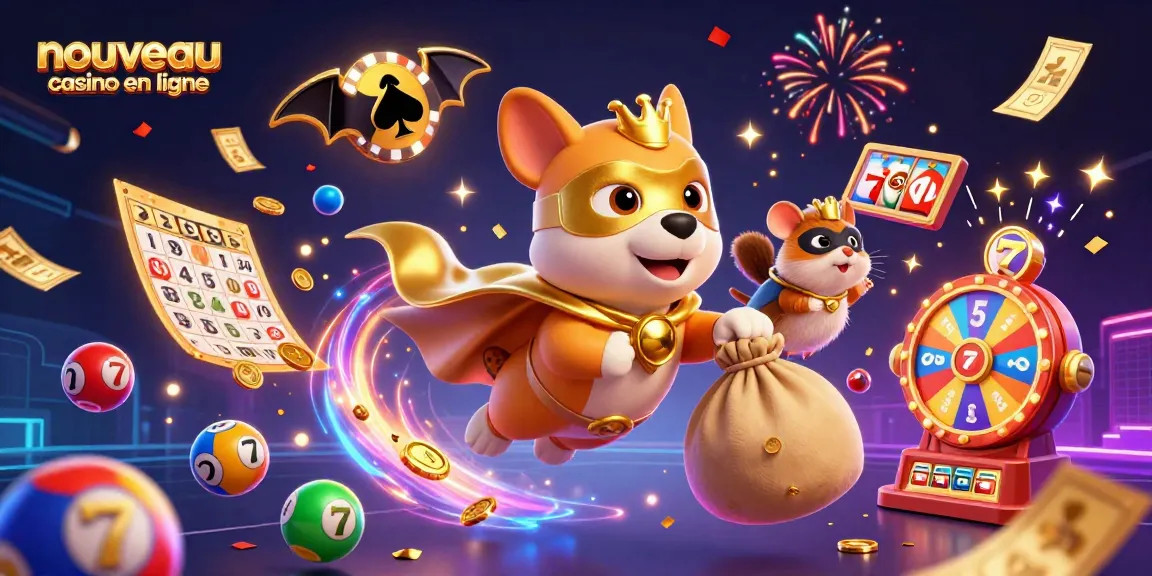 Nouveau casino en ligne : Un chien super-héros avec cape d'or et un hamster masqué au milieu de symboles de jeux d'argent dynamiques.