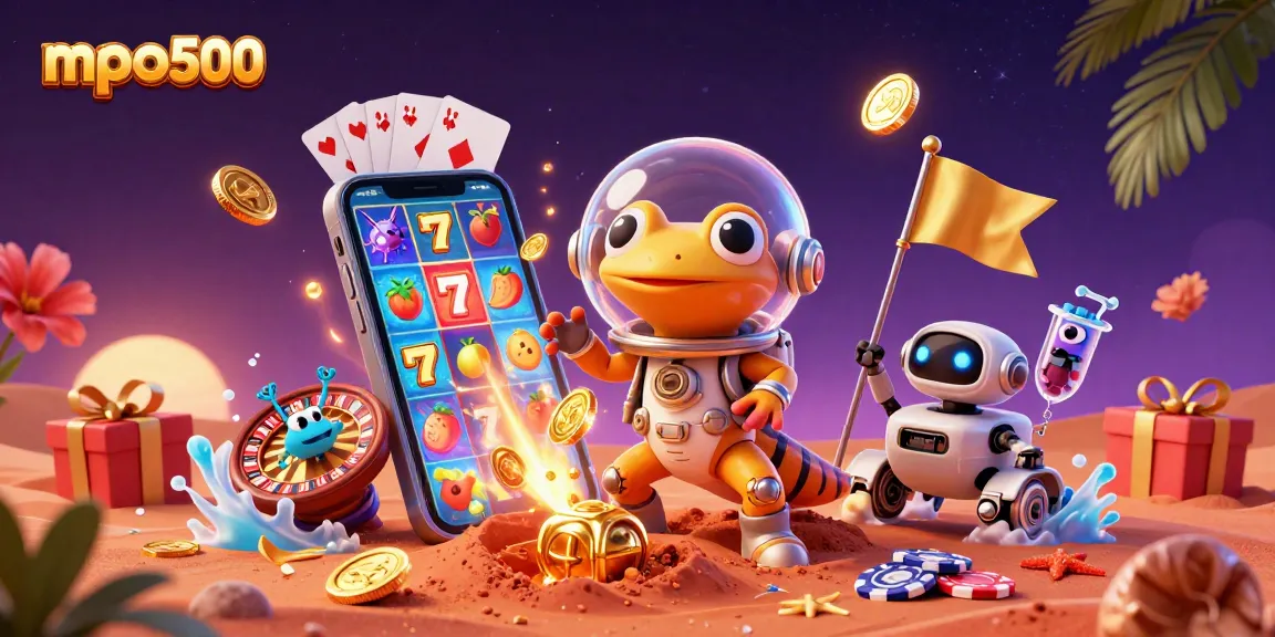 Experience the excitement of mpo500 with a vibrant 3D scene featuring a Martian gecko and its casino discovery.