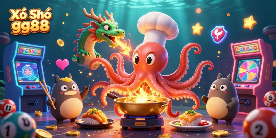 Xổ Số gg88 lottery scene with an octopus chef, a dragon, and a tanuki amid vibrant game elements.