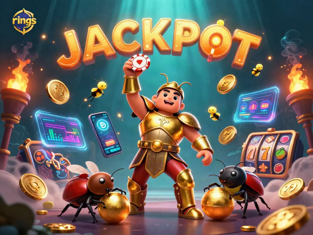 Experience thrilling wins with stunning rings as a golden beetle celebrates casino jackpots.