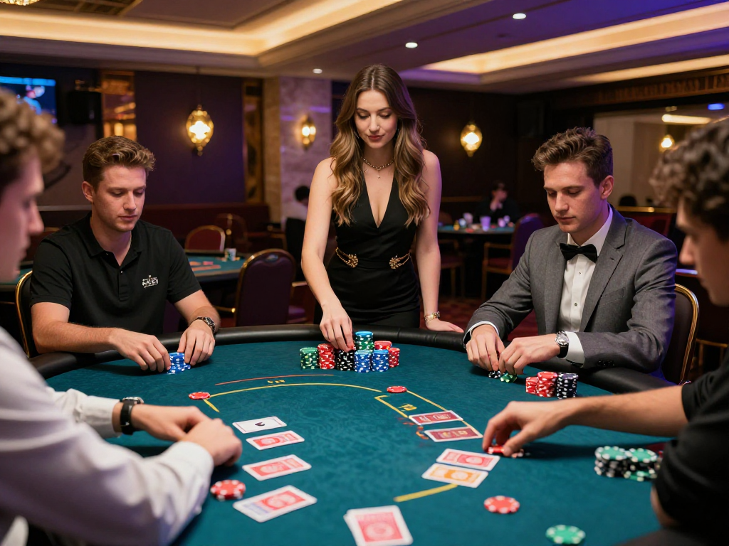 Sòng bạc Jin88 với người chơi tập trung vào bàn poker cao cấp và không gian sang trọng.