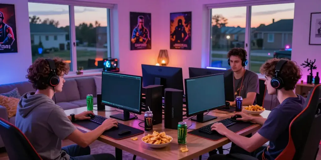 Gaming enthusiasts enjoying a lively session at https://plustoto4dbigwin.uk.com with multiple screens and snacks.