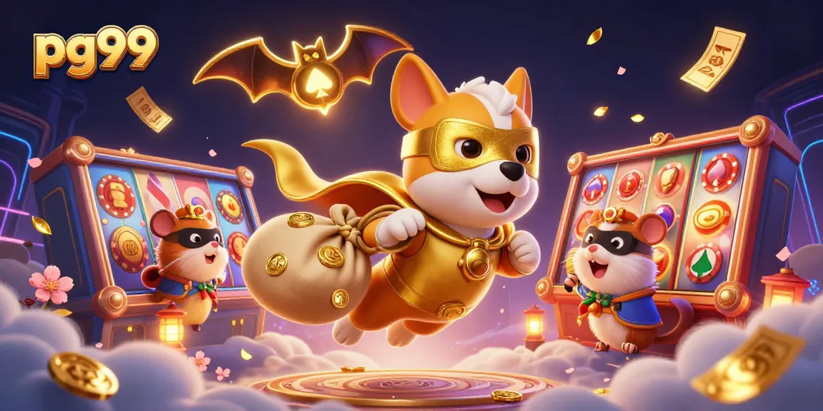 Experience the excitement of pg99 with a superhero dog and hamster in a vibrant casino scene.