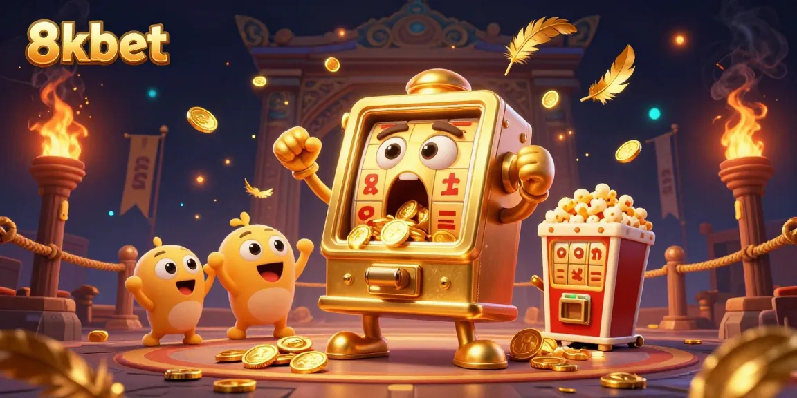 Feel the excitement as 8xbet's golden slot machine celebrates a jackpot, surrounded by cheering mini machines.