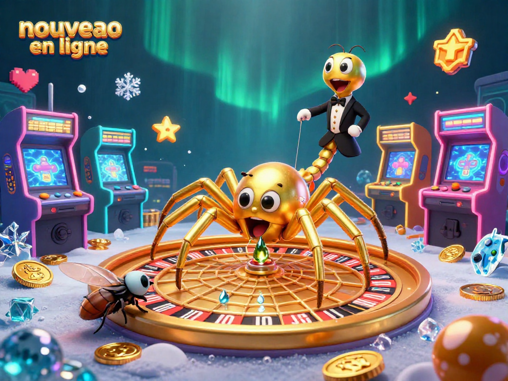 Découvrez le nouveau casino en ligne avec une araignée dorée au centre de la scène, entourée de machines de jeux colorées.