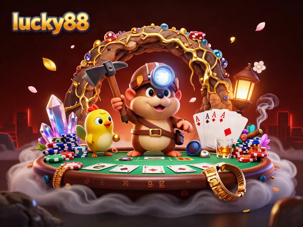 Experience thrilling gameplay at lucky88 with a vibrant poker scene featuring a mole treasure hunter and dazzling gems.