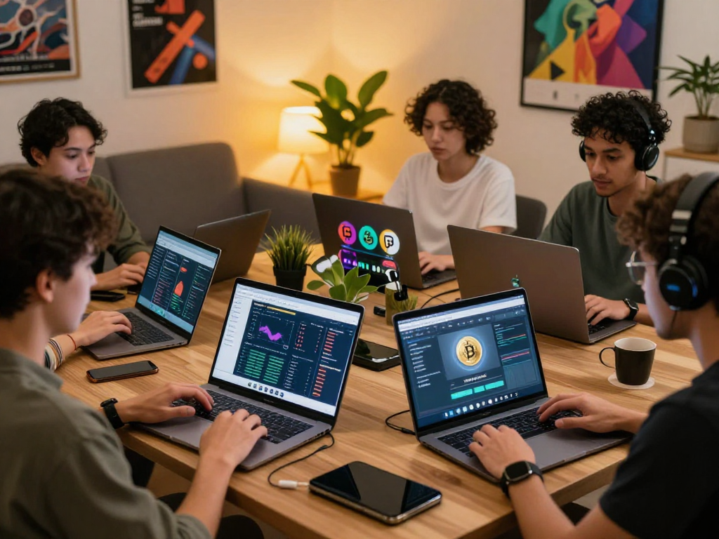 Diverse individuals discussing cryptocurrency in a vibrant online meeting, showcasing mantra88 on screens.