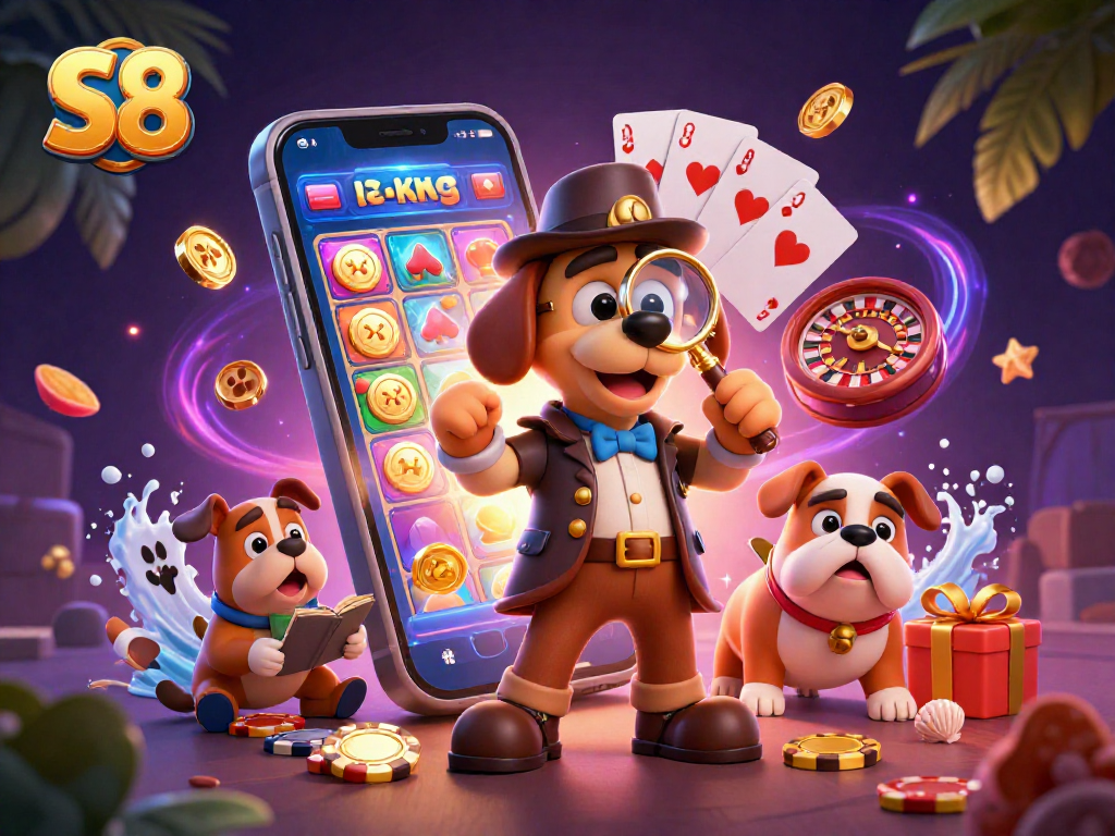 S8 enhances gaming thrills with a dog detective uncovering casino treasures amidst vibrant slot games.