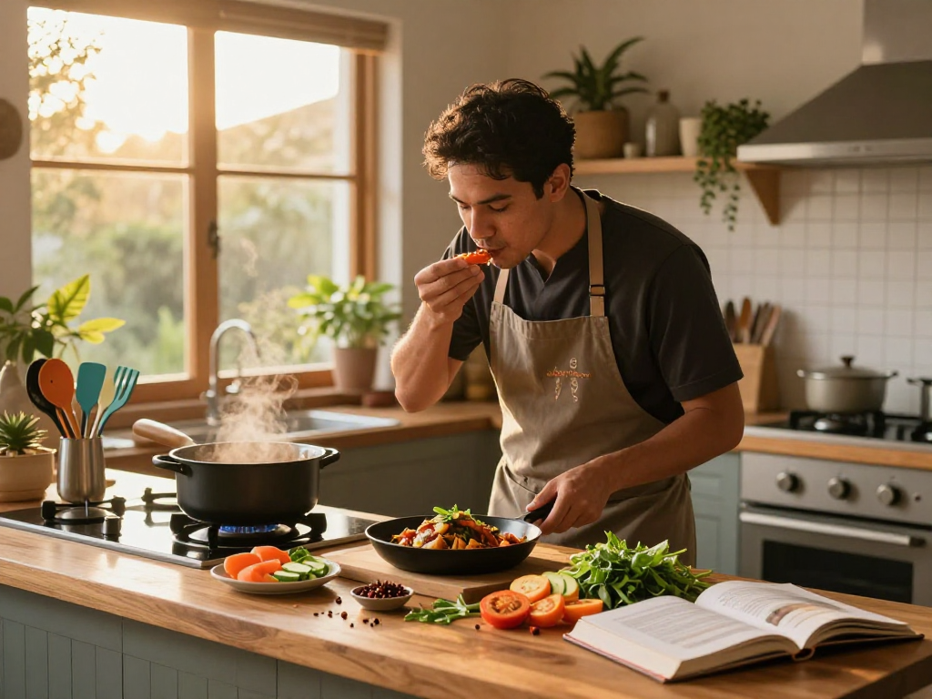Juru masak memasak di dapur modern saat golden hour dengan bahan segar untuk situs epictoto.