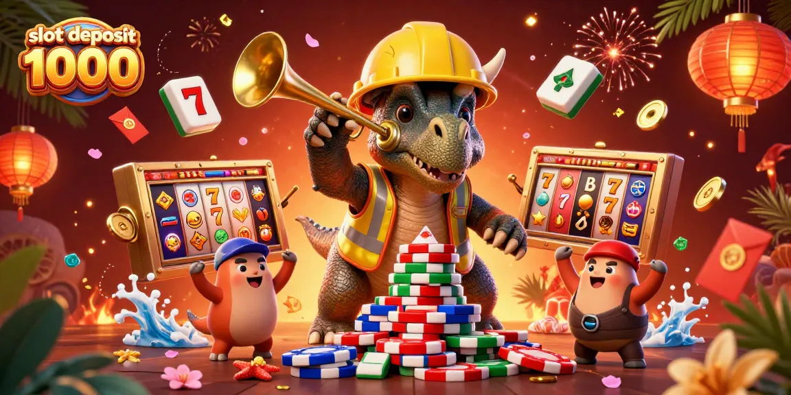 Experience the excitement of slot deposit 1000 with a vibrant 3D illustration of lively characters building poker chip pyramids.