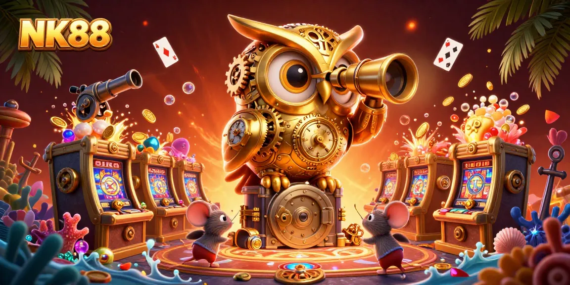 Navigating the vibrant casino landscape with NK88's clockwork owl amidst gold coins and glowing elements.