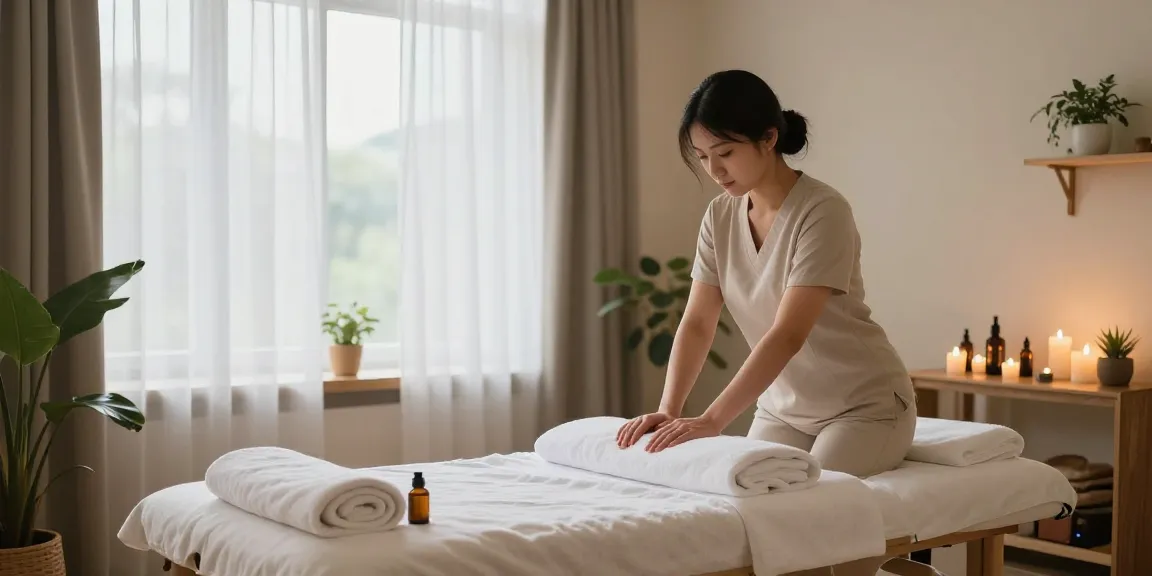 마사지 세션을 위한 편안한 공간, 부드러운 조명과 자연광이 가득한 마사지 치료실
