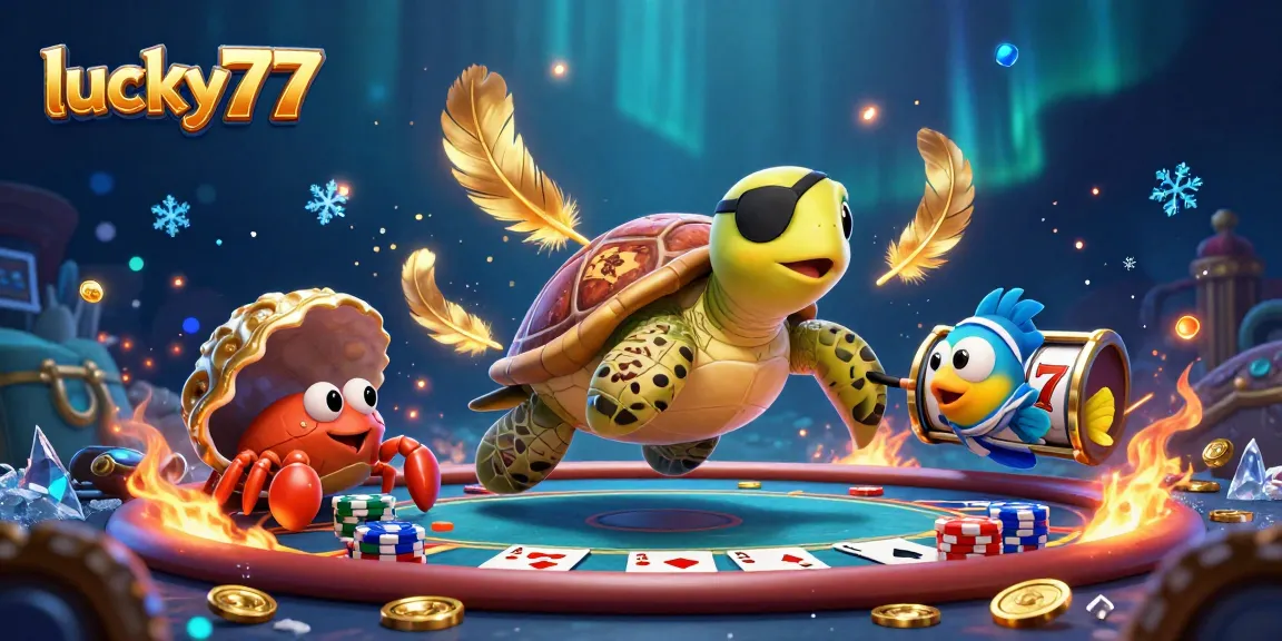 Engage with lucky77 in a vibrant underwater casino scene with a cartoon pirate turtle and treasures.