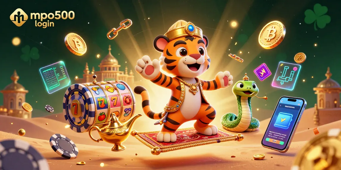 MPO500 login engages players with a dynamic 3D scene showcasing vibrant slot game elements and crypto coins.