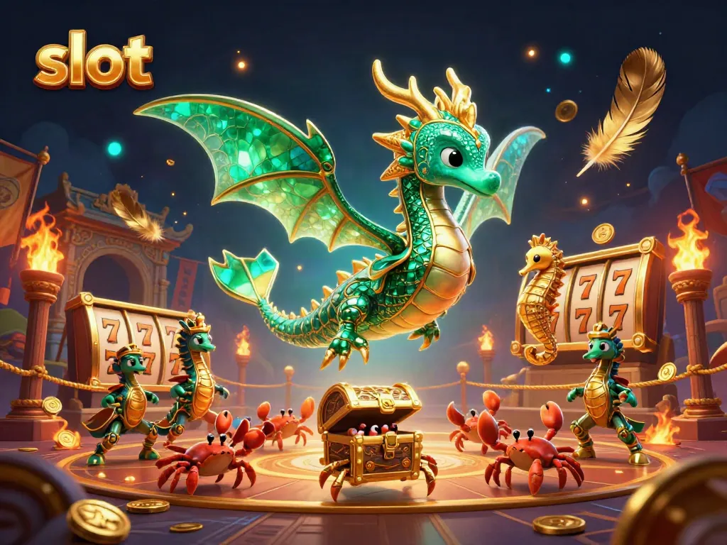 Engage in thrilling slot games with the emerald dragon and royal guardians amidst swirling ember particles.