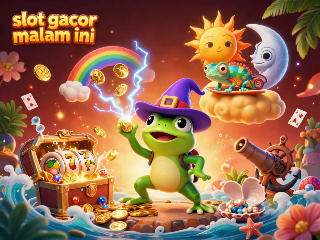Gambar slot gacor malam ini dengan karakter kartun si penyu ajaib dan chameleon dalam suasana ceria.