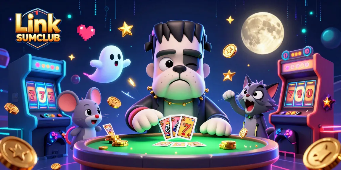 Engage in thrilling gameplay at Link SUMCLUB with a vibrant 3D illustration featuring casino characters.