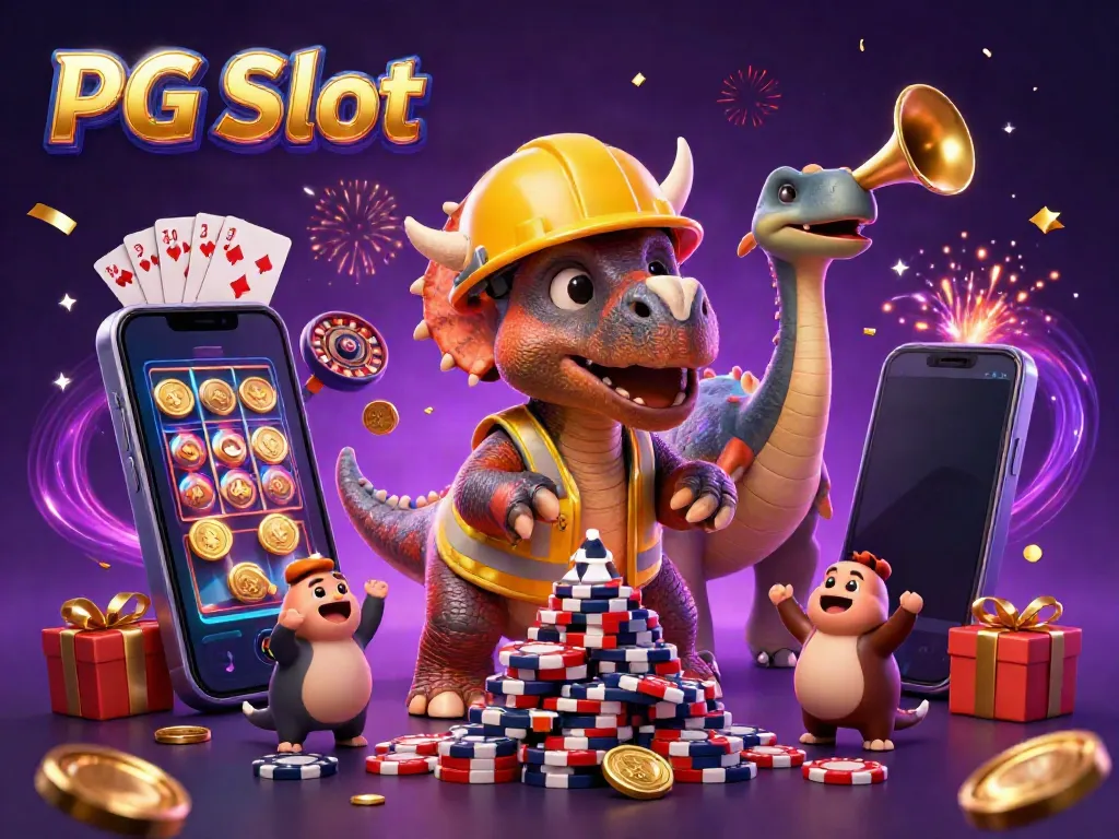 Menghasilkan PG Slot dengan triceratops dan elemen kasino yang meriah serta konfeti pelangi.