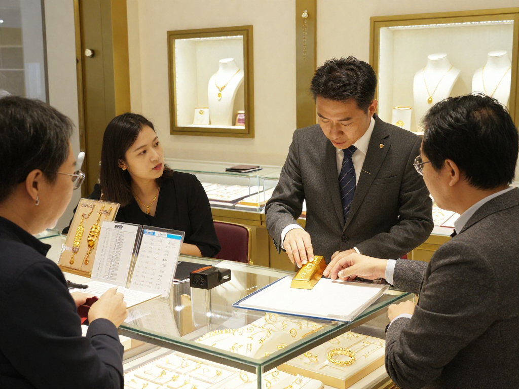 mantra88 gold jewelry display with expert jeweler assisting customers in an elegant shop