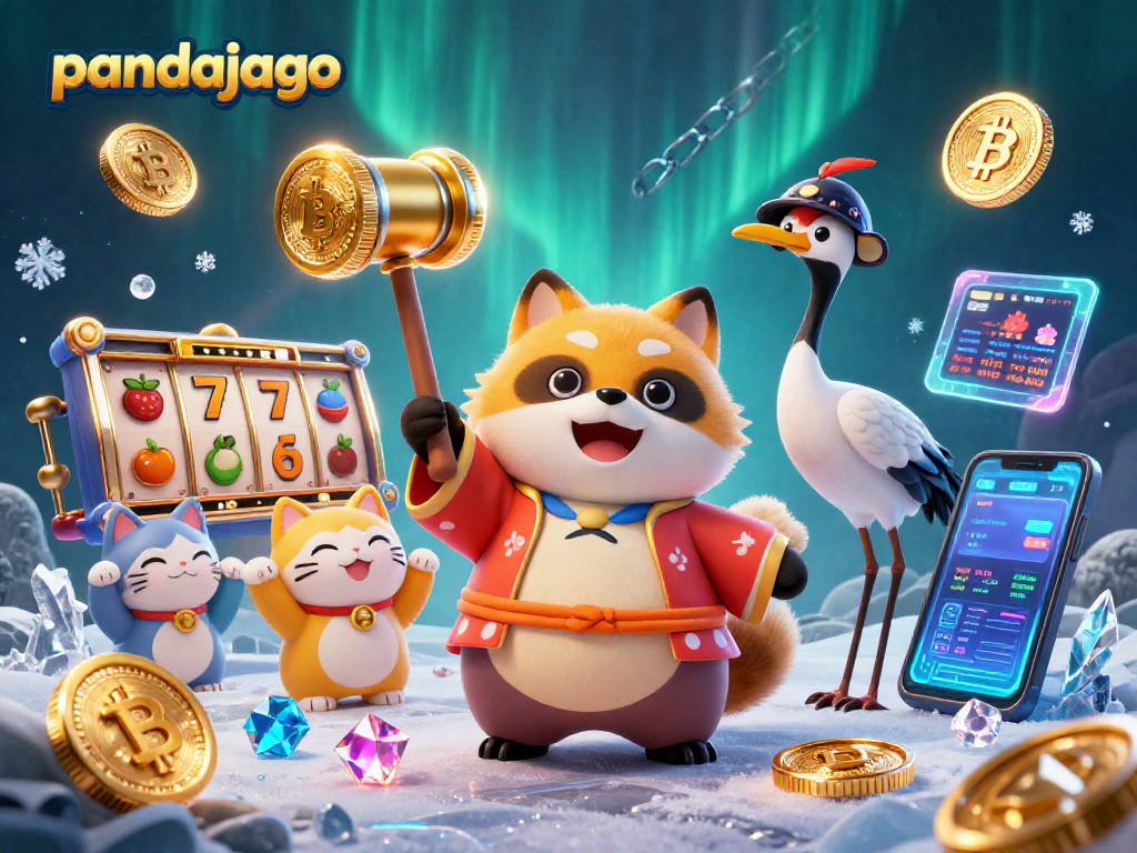 Pandajago membawa keberuntungan dengan rakun ceria dan kucing maneki-neko dalam suasana kasino slot yang ramai.