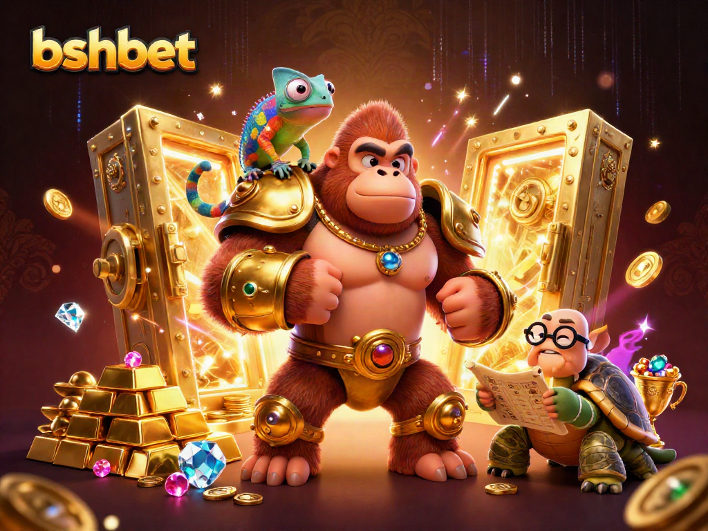 Spin and win at bshbet with cartoon gorilla king in golden armor and diamond treasures