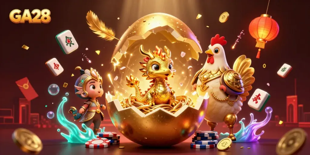Experience gaming thrills at GA28 with a golden dragon guarding luck and fortune amid vibrant casino elements.
